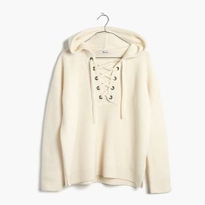 Madewell Size L Jameson 100% Merino Wool Lace Up Hooded Sweater Cream